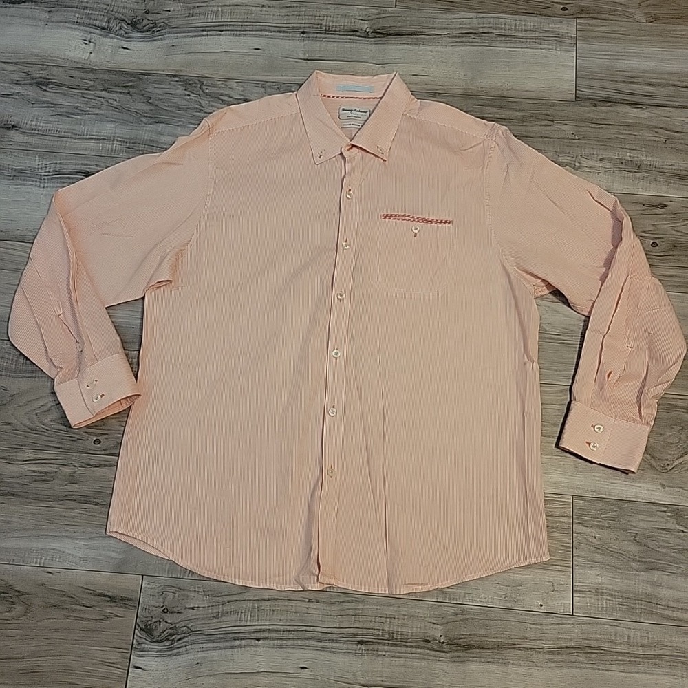 Tommy Bahama Shirt Mens XL Pink‎ White Striped Long Sleeve Button Up